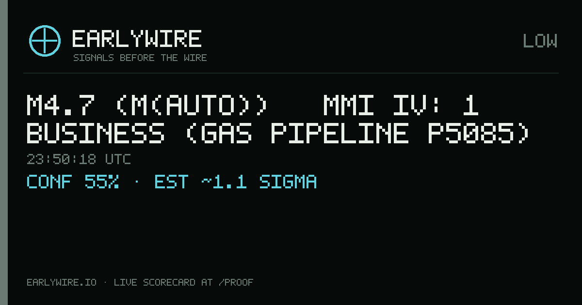 M4.7 (M(auto)) → MMI IV: 1 business (gas pipeline P5085) — EARLYWIRE event card