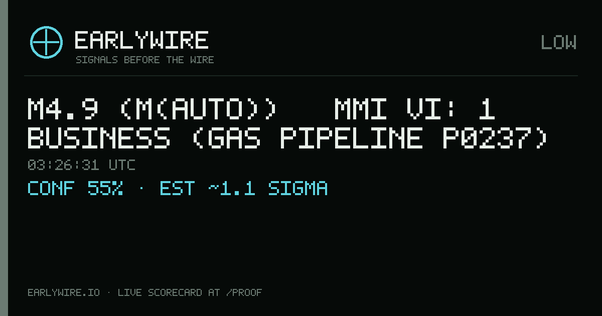 M4.9 (M(auto)) → MMI VI: 1 business (gas pipeline P0237) — EARLYWIRE event card