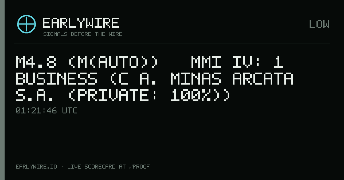 M4.8 (M(auto)) → MMI IV: 1 business (C�a. Minas Arcata S.A. (private: 100%)) — EARLYWIRE event card