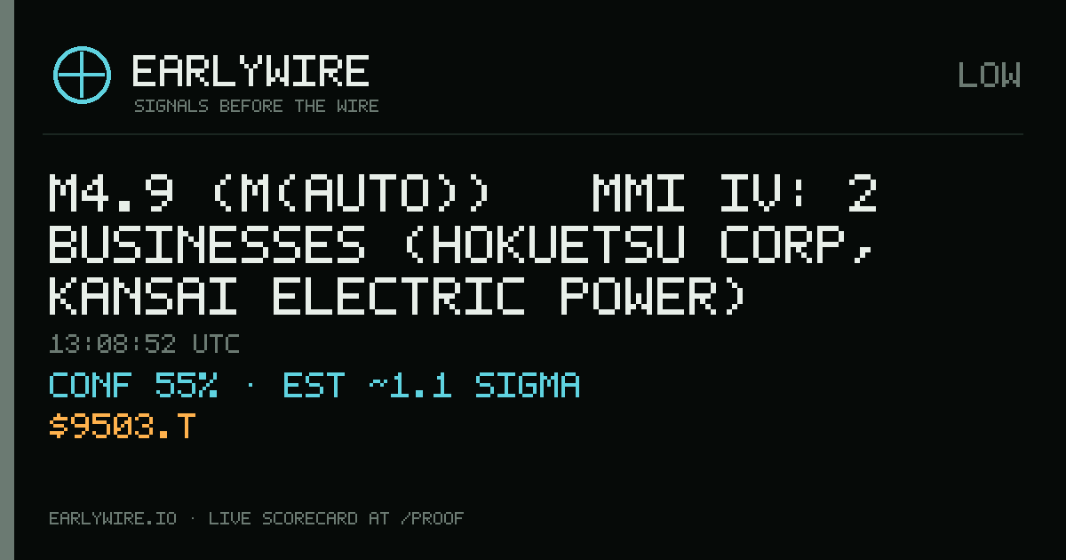 M4.9 (M(auto)) → MMI IV: 2 businesses (Hokuetsu Corp, Kansai Electric Power) — EARLYWIRE event card