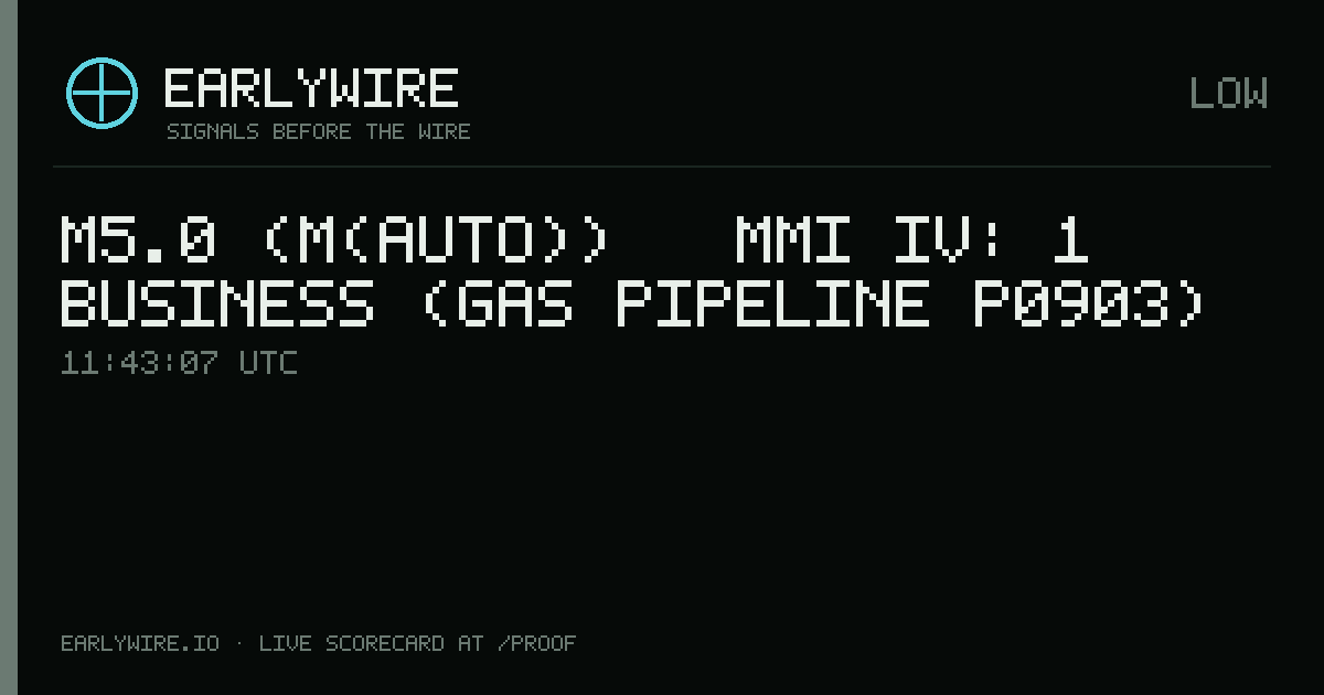M5.0 (M(auto)) → MMI IV: 1 business (gas pipeline P0903) — EARLYWIRE event card