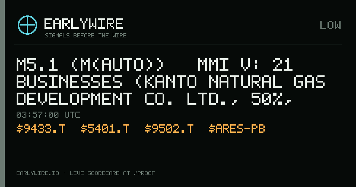 M5.1 (M(auto)) → MMI V: 21 businesses (Kanto Natural Gas Development Co. Ltd., 50%, KDDI, Nippon Shokubai Co. Ltd., 17% +18 more) — EARLYWIRE event card