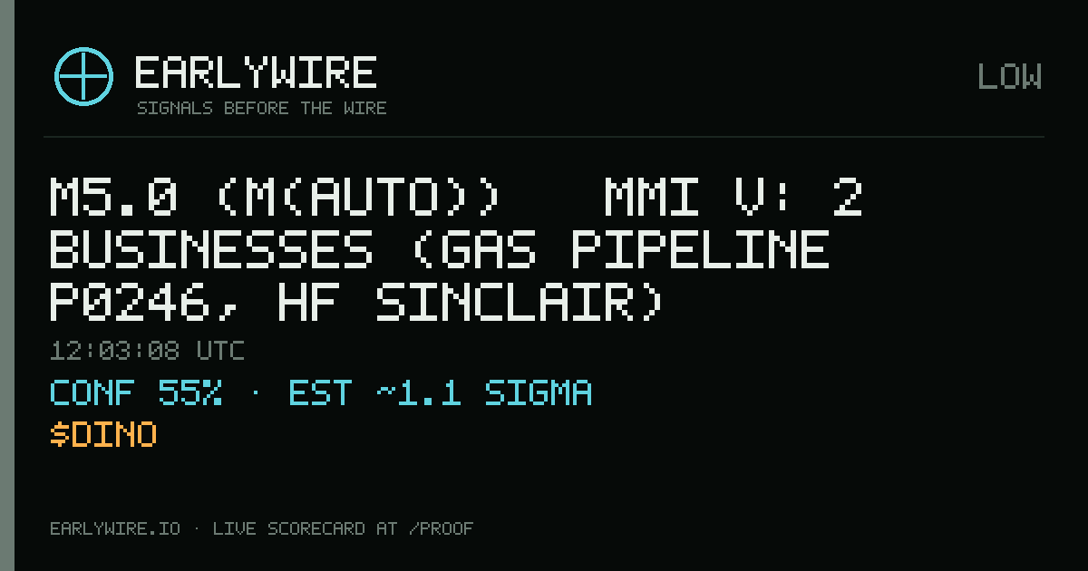 M5.0 (M(auto)) → MMI V: 2 businesses (gas pipeline P0246, HF Sinclair) — EARLYWIRE event card
