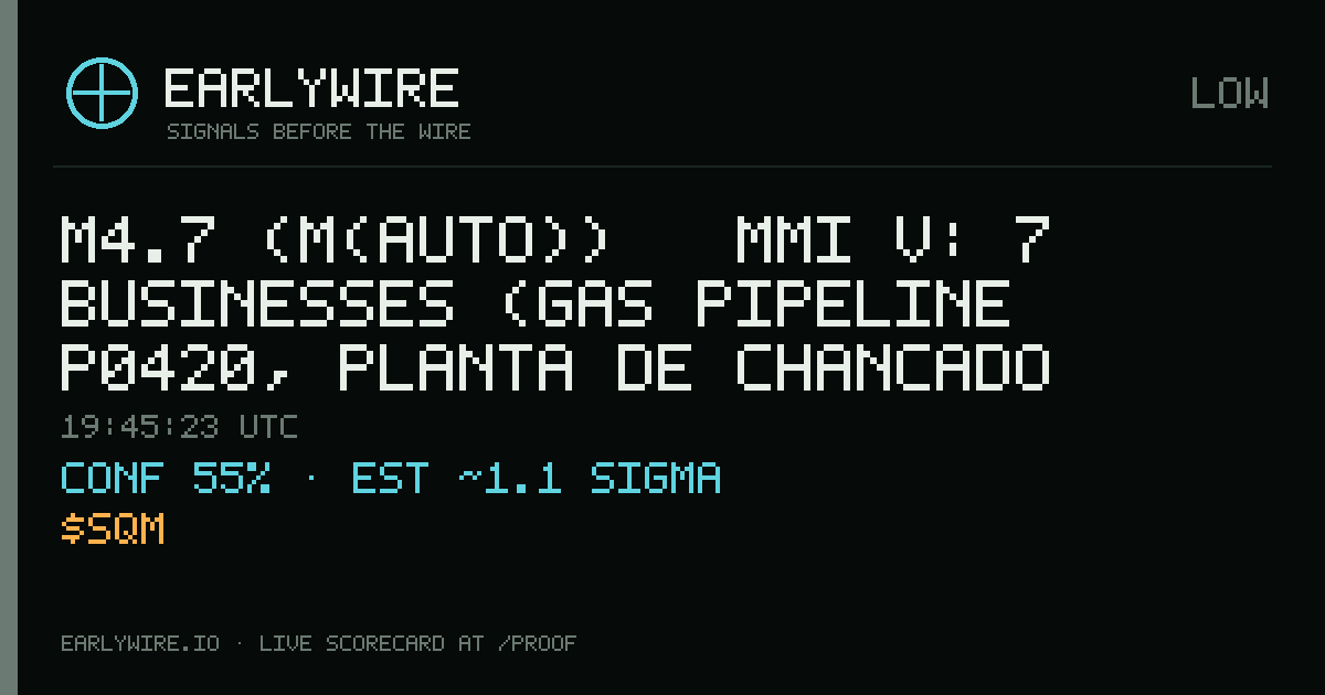 M4.7 (M(auto)) → MMI V: 7 businesses (gas pipeline P0420, Planta de Chancado Primaria El Toco, SQM +4 more) — EARLYWIRE event card