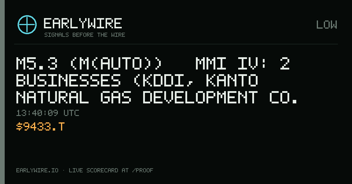 M5.3 (M(auto)) → MMI IV: 2 businesses (KDDI, Kanto Natural Gas Development Co. Ltd., 50%) — EARLYWIRE event card
