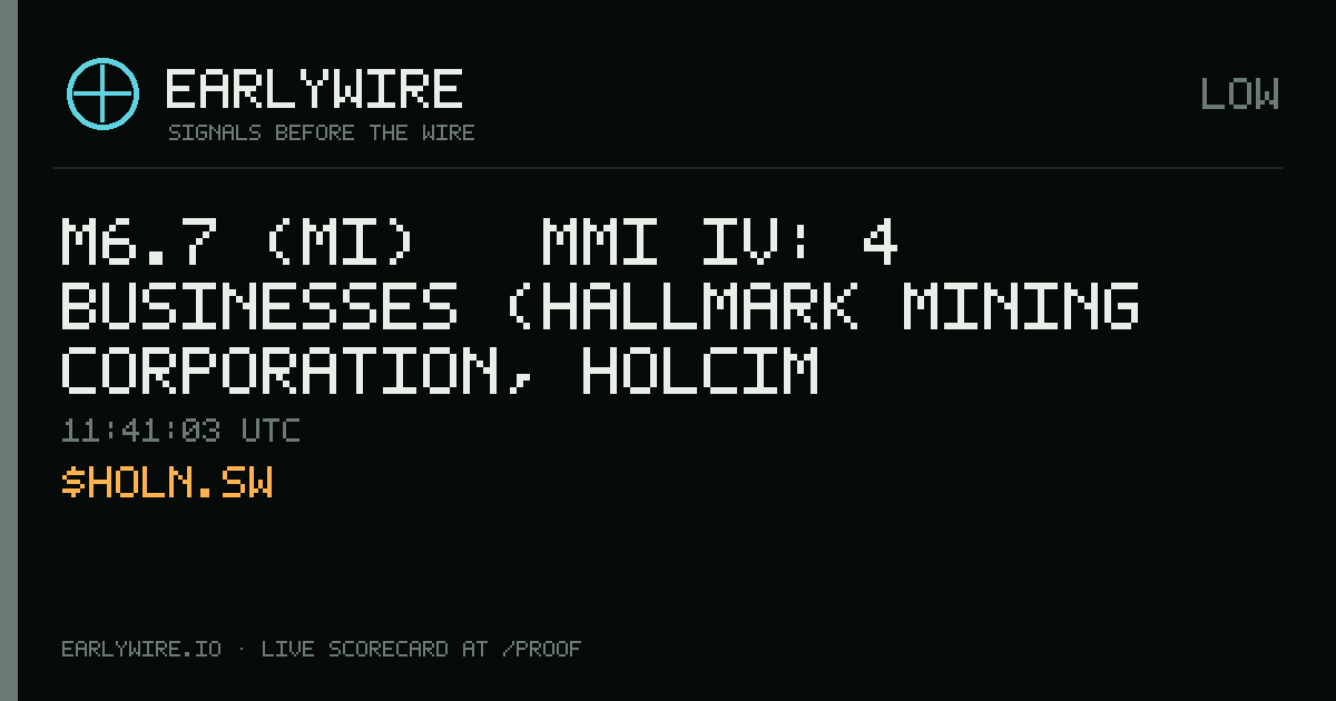 M6.7 (Mi) → MMI IV: 4 businesses (Hallmark Mining Corporation, Holcim Philippines, Inc., Arc Nickel Resources Inc. +1 more) — EARLYWIRE event card