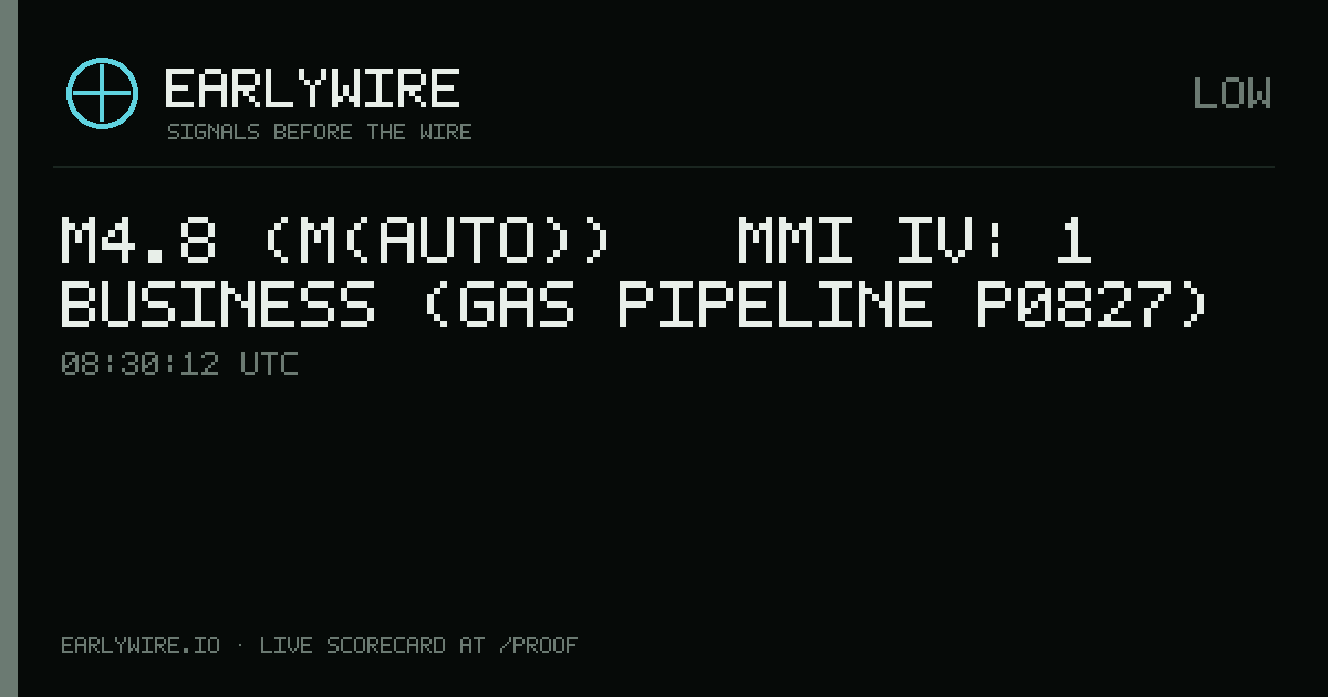 M4.8 (M(auto)) → MMI IV: 1 business (gas pipeline P0827) — EARLYWIRE event card