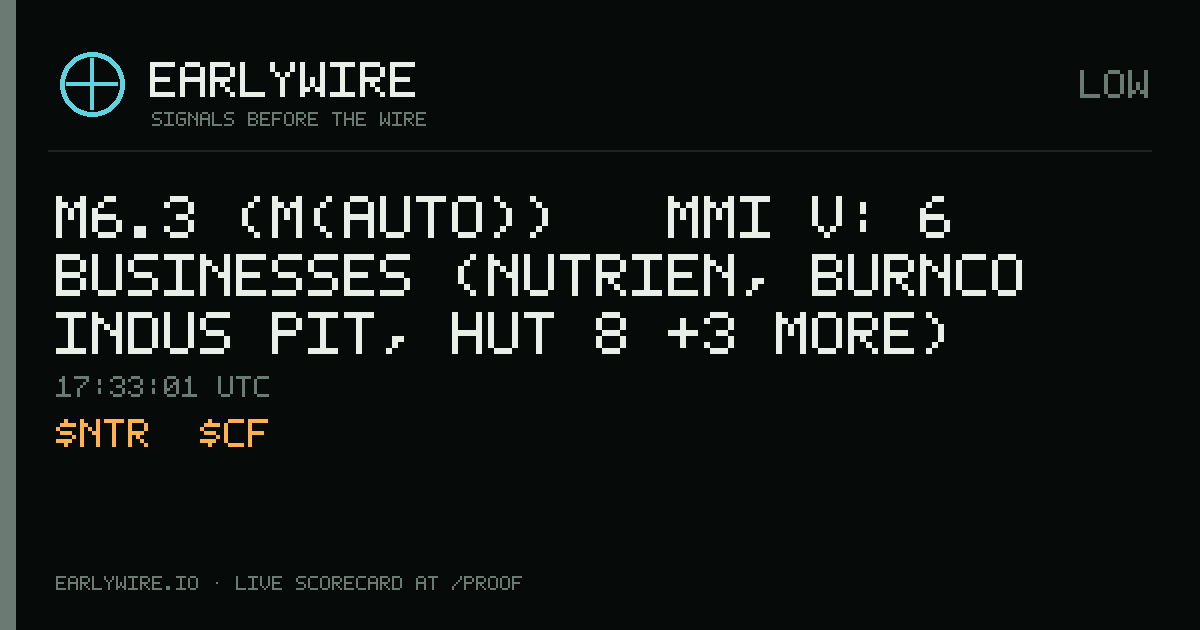 M6.3 (M(auto)) → MMI V: 6 businesses (Nutrien, Burnco Indus Pit, Hut 8 +3 more) — EARLYWIRE event card