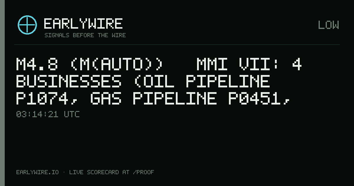 M4.8 (M(auto)) → MMI VII: 4 businesses (oil pipeline P1074, gas pipeline P0451, gas pipeline P4090 +1 more) — EARLYWIRE event card