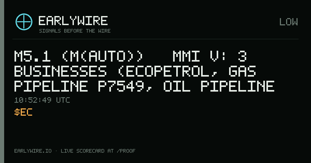 M5.1 (M(auto)) → MMI V: 3 businesses (Ecopetrol, gas pipeline P7549, oil pipeline P1233) — EARLYWIRE event card