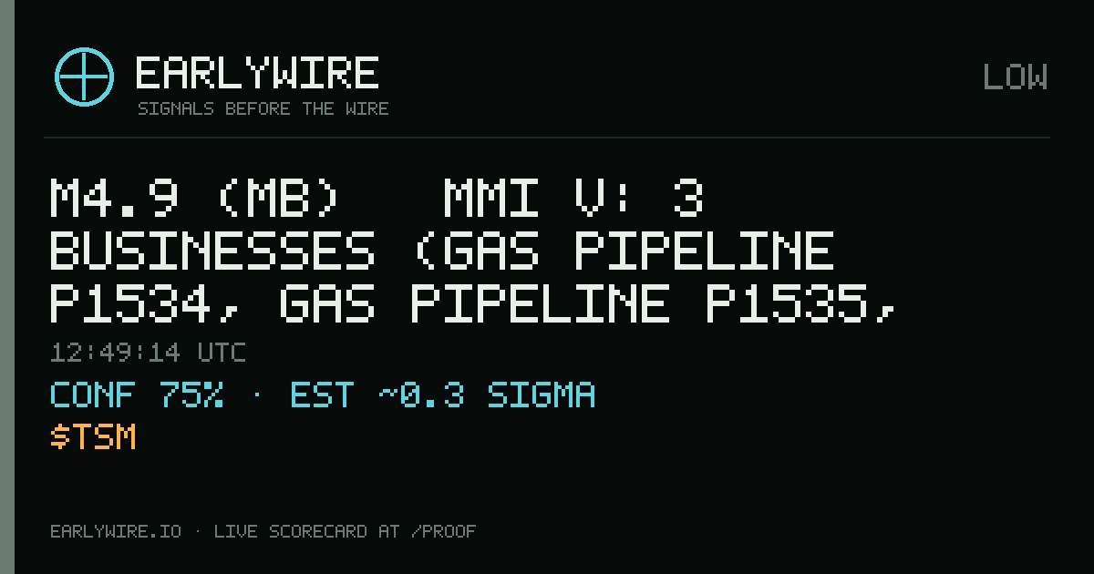 M4.9 (mb) → MMI V: 3 businesses (gas pipeline P1534, gas pipeline P1535, TSMC) — EARLYWIRE event card
