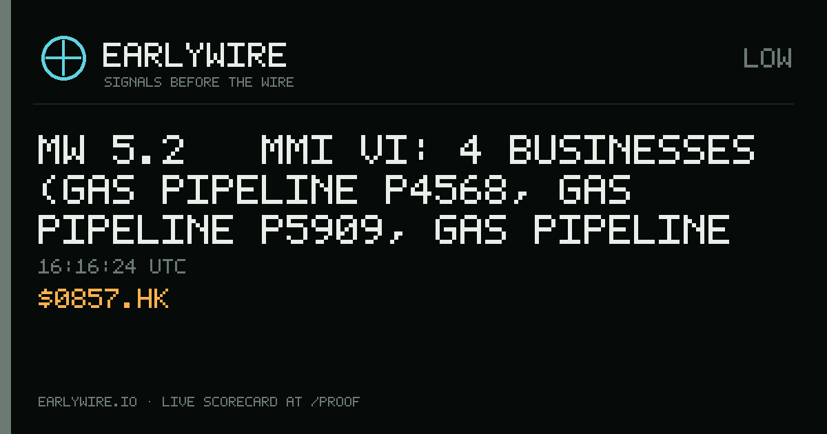 Mw 5.2 → MMI VI: 4 businesses (gas pipeline P4568, gas pipeline P5909, gas pipeline P5094 +1 more) — EARLYWIRE event card