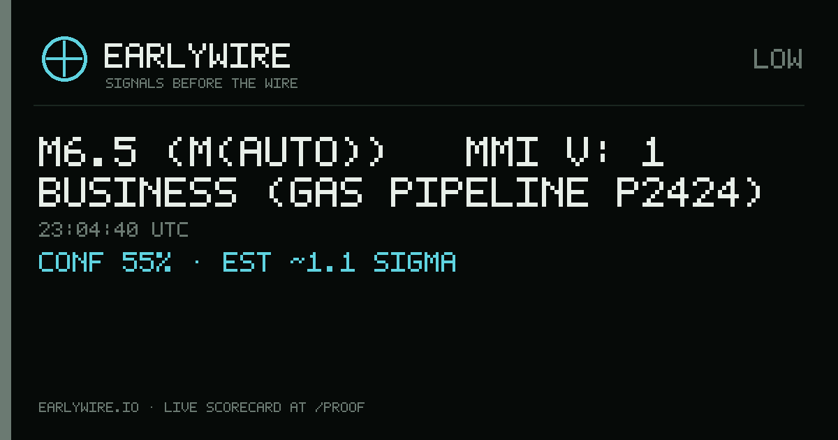 M6.5 (M(auto)) → MMI V: 1 business (gas pipeline P2424) — EARLYWIRE event card