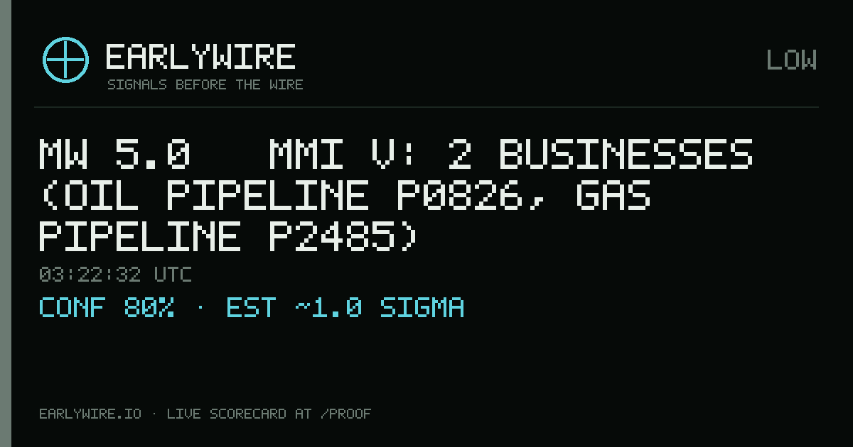 Mw 5.0 → MMI V: 2 businesses (oil pipeline P0826, gas pipeline P2485) — EARLYWIRE event card