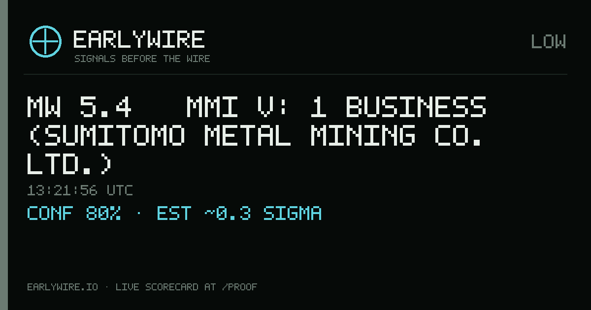 Mw 5.4 → MMI V: 1 business (Sumitomo Metal Mining Co. Ltd.) — EARLYWIRE event card