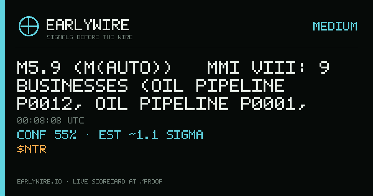 M5.9 (M(auto)) → MMI VIII: 9 businesses (oil pipeline P0012, oil pipeline P0001, oil pipeline P3871 +6 more) — EARLYWIRE event card