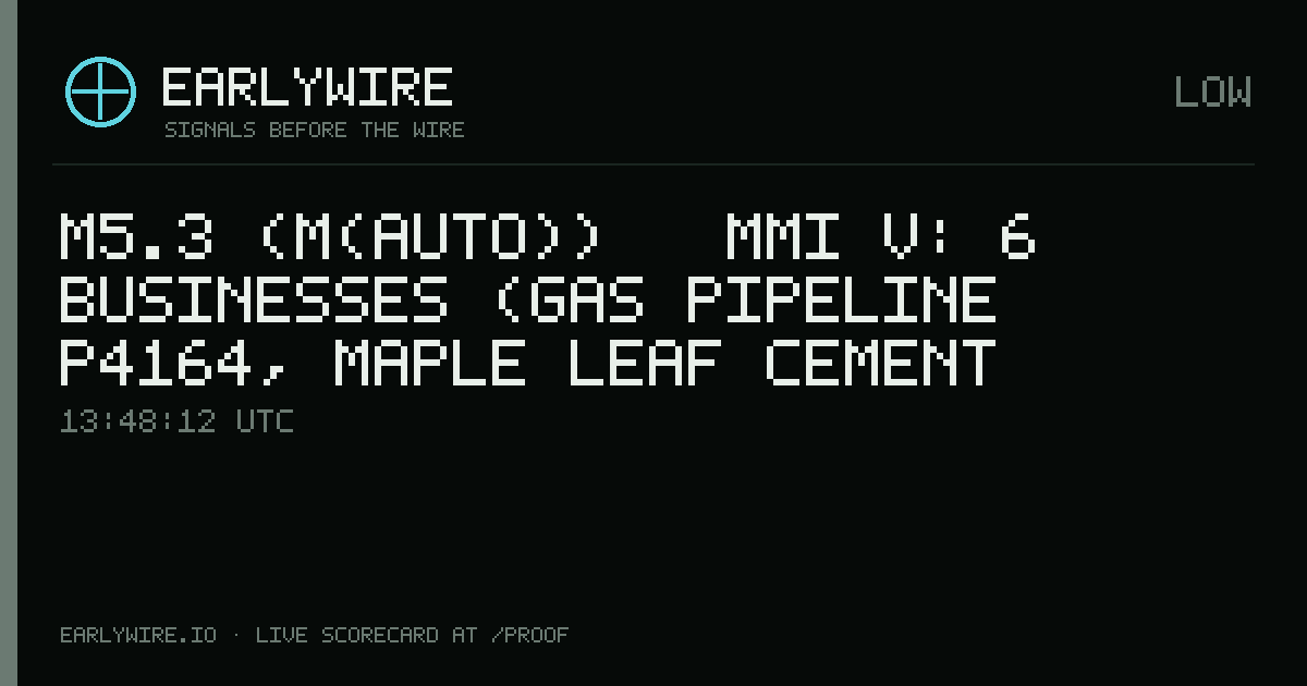 M5.3 (M(auto)) → MMI V: 6 businesses (gas pipeline P4164, Maple Leaf Cement Factory Ltd., Nashpa Refinery +3 more) — EARLYWIRE event card