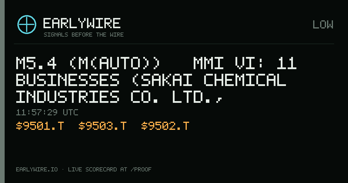 M5.4 (M(auto)) → MMI VI: 11 businesses (Sakai Chemical Industries Co. Ltd., Mitsubishi Materials Corp., 49.29%, Tokyo Electric Power (TEPCO) +8 more) — EARLYWIRE event card