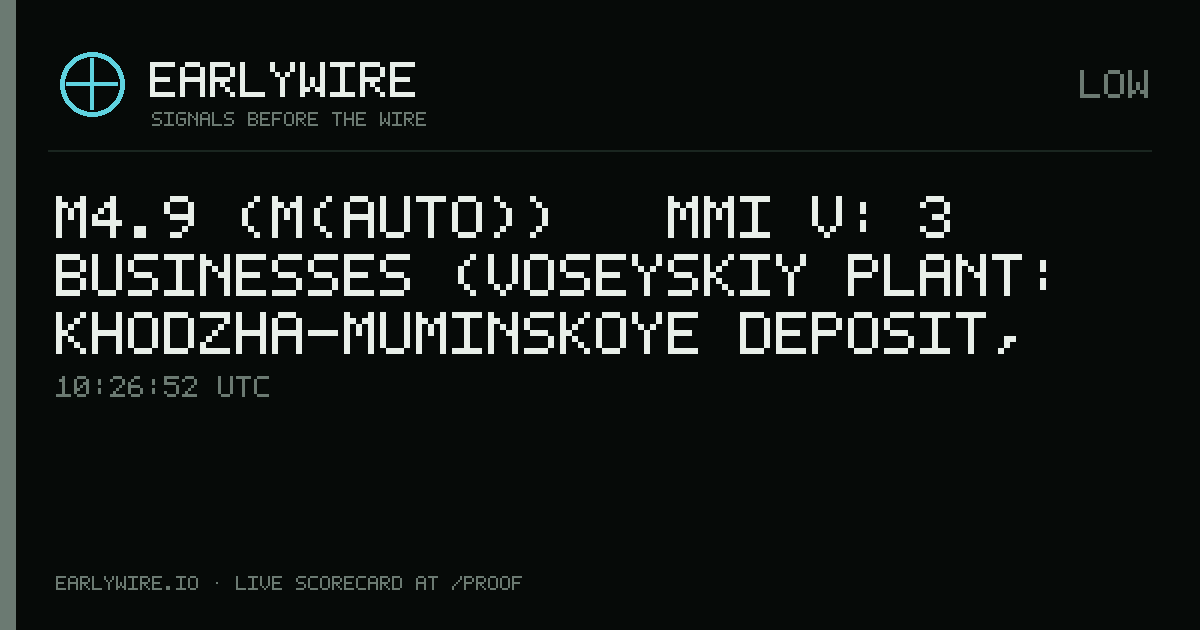 M4.9 (M(auto)) → MMI V: 3 businesses (Voseyskiy plant: Khodzha-Muminskoye deposit, Chaltash, Chikultan, Davgir deposits, Takaeliyskiy metallurgical complex) — EARLYWIRE event card