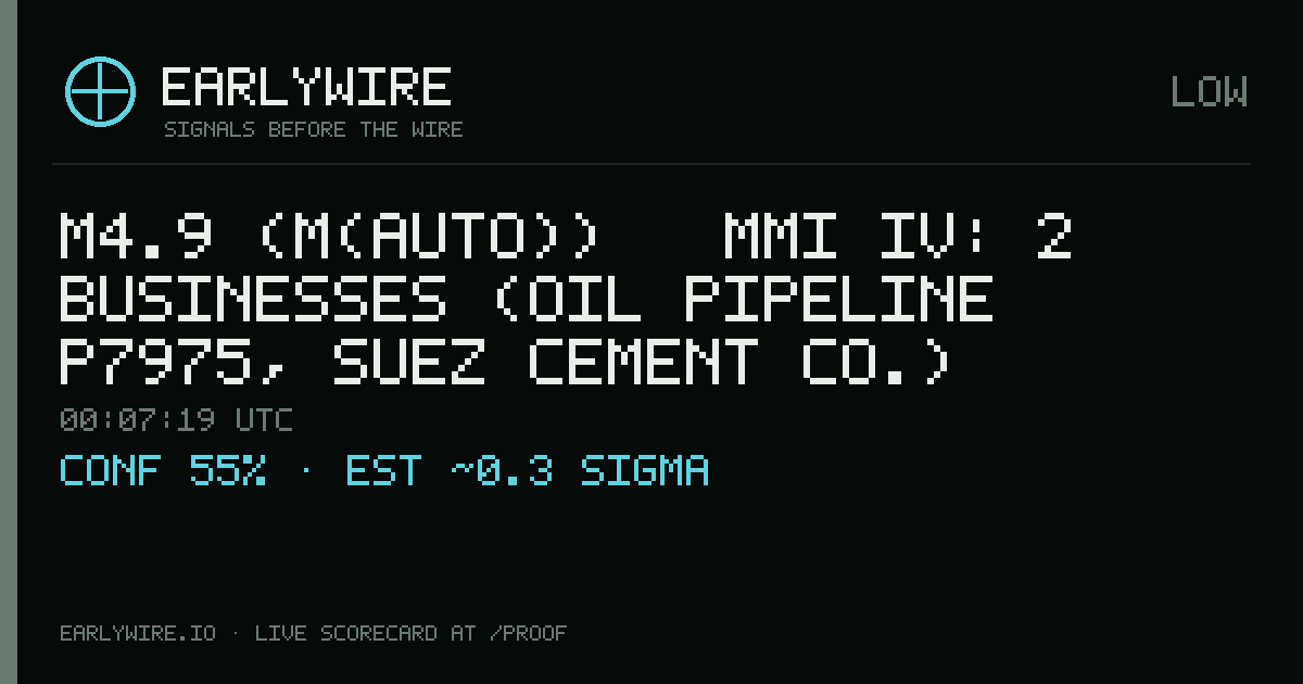 M4.9 (M(auto)) → MMI IV: 2 businesses (oil pipeline P7975, Suez Cement Co.) — EARLYWIRE event card