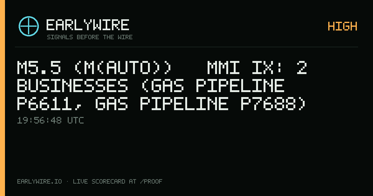 M5.5 (M(auto)) → MMI IX: 2 businesses (gas pipeline P6611, gas pipeline P7688) — EARLYWIRE event card