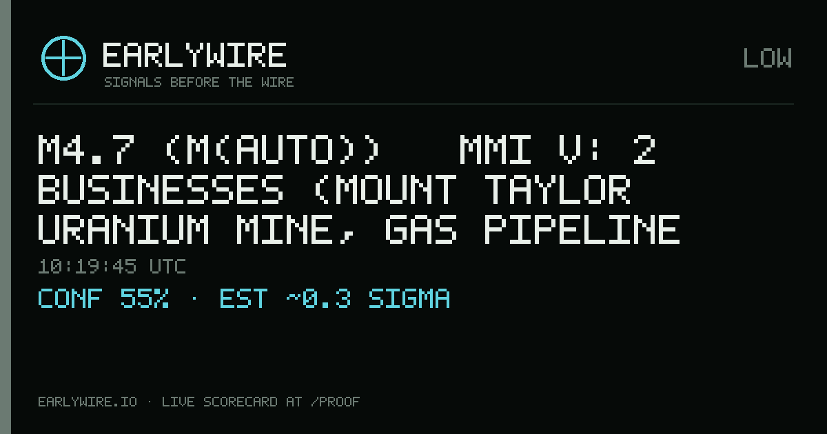 M4.7 (M(auto)) → MMI V: 2 businesses (Mount Taylor Uranium Mine, gas pipeline P0184) — EARLYWIRE event card
