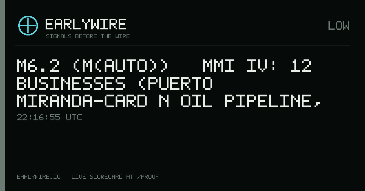 M6.2 (M(auto)) → MMI IV: 12 businesses (Puerto Miranda-Cardón Oil Pipeline, Pequiven (Petr�leos de Venezuela S.A.: 100%), gas pipeline P3145 +9 more) — EARLYWIRE event card