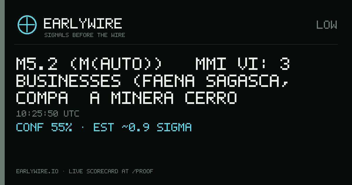 M5.2 (M(auto)) → MMI VI: 3 businesses (Faena Sagasca, Compañía Minera Cerro Colorado Limitada, Sociedad Contractual Minera Corporación de Desarrollo del Norte) — EARLYWIRE event card