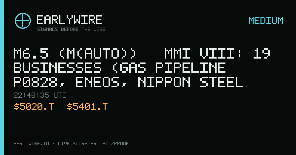 M6.5 (M(auto)) → MMI VIII: 19 businesses (gas pipeline P0828, ENEOS, Nippon Steel +16 more) — EARLYWIRE event card