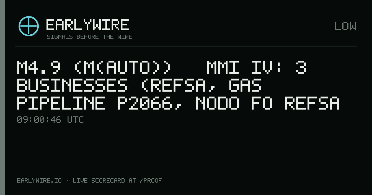M4.9 (M(auto)) → MMI IV: 3 businesses (REFSA, gas pipeline P2066, Nodo FO REFSA Tel - TATANE) — EARLYWIRE event card