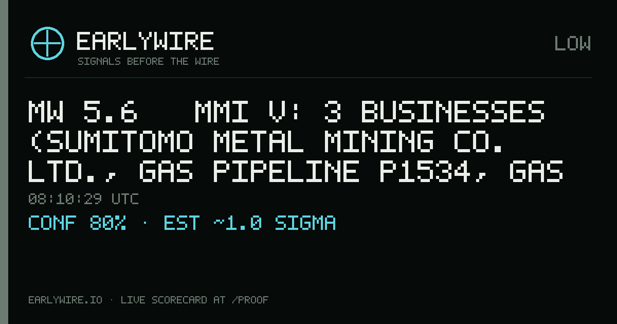 Mw 5.6 → MMI V: 3 businesses (Sumitomo Metal Mining Co. Ltd., gas pipeline P1534, gas pipeline P1535) — EARLYWIRE event card