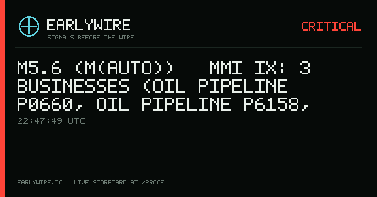 M5.6 (M(auto)) → MMI IX: 3 businesses (oil pipeline P0660, oil pipeline P6158, oil pipeline P0661) — EARLYWIRE event card