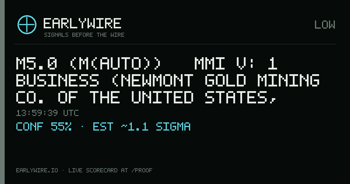 M5.0 (M(auto)) → MMI V: 1 business (Newmont Gold Mining Co. of the United States, 45%) — EARLYWIRE event card