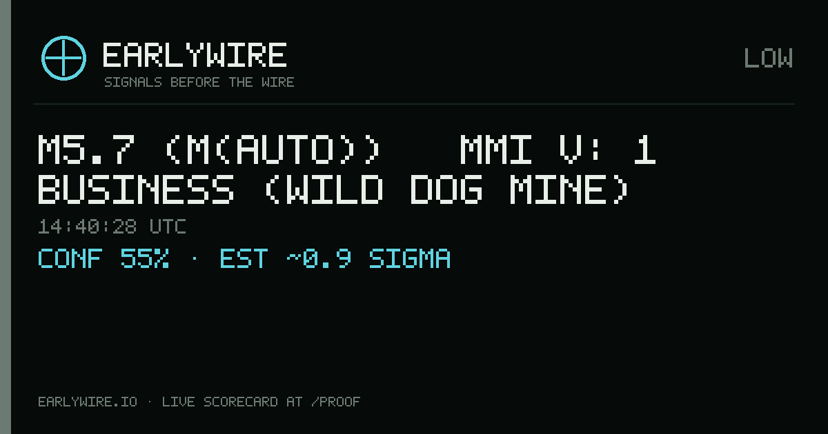 M5.7 (M(auto)) → MMI V: 1 business (Wild Dog Mine) — EARLYWIRE event card