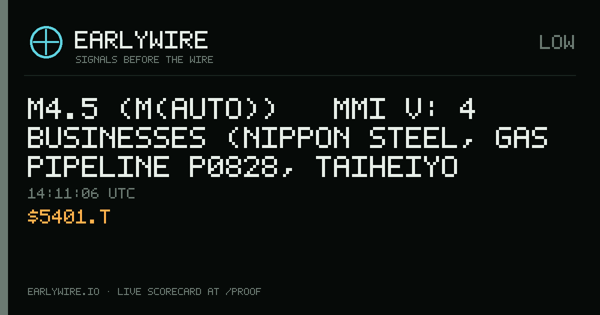 M4.5 (M(auto)) → MMI V: 4 businesses (Nippon Steel, gas pipeline P0828, Taiheiyo Cement Co. Ltd. +1 more) — EARLYWIRE event card