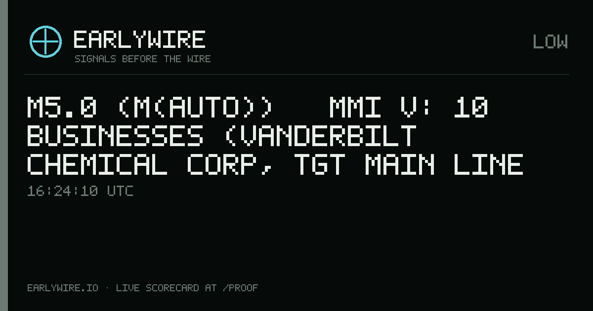 M5.0 (M(auto)) → MMI V: 10 businesses (Vanderbilt Chemical Corp, TGT Main Line #2, Estron Chemical +7 more) — EARLYWIRE event card