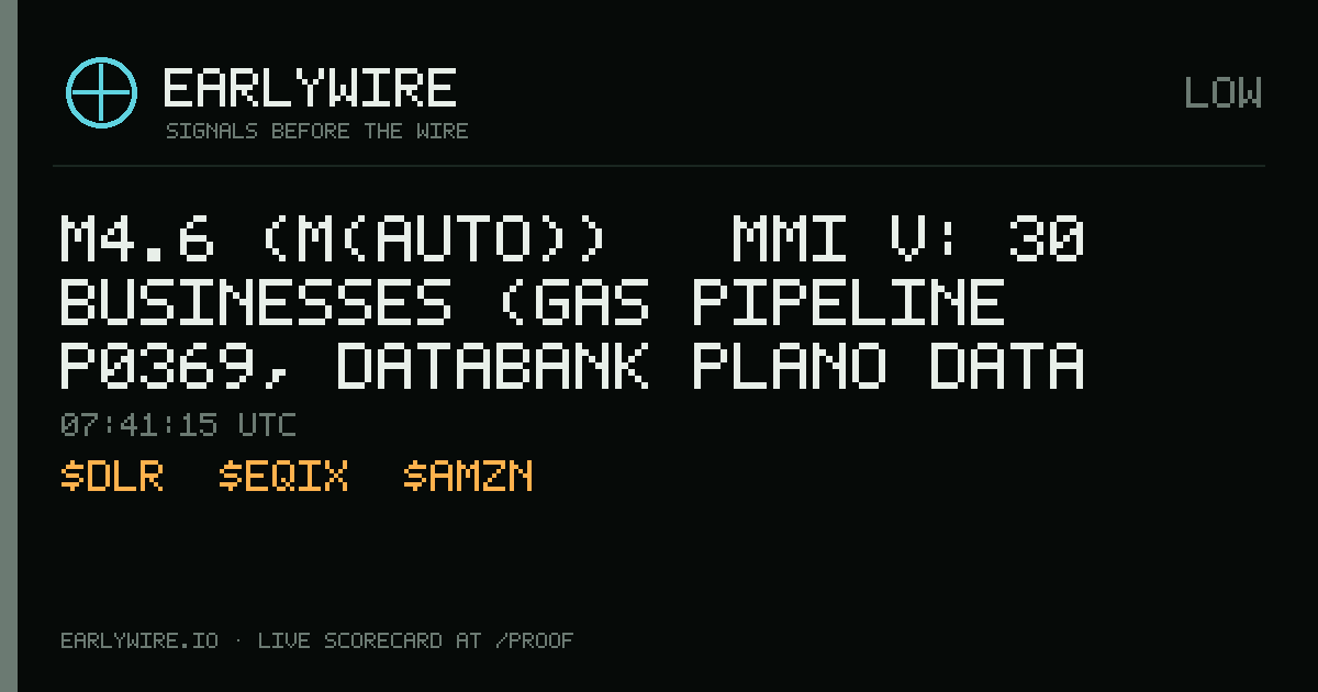 M4.6 (M(auto)) → MMI V: 30 businesses (gas pipeline P0369, DataBank Plano Data Center, Experian McKinney Data Center +27 more) — EARLYWIRE event card