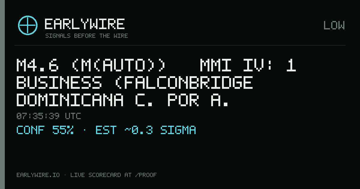 M4.6 (M(auto)) → MMI IV: 1 business (Falconbridge Dominicana C. por A. (Falconbridge Limited: 85.26%)) — EARLYWIRE event card