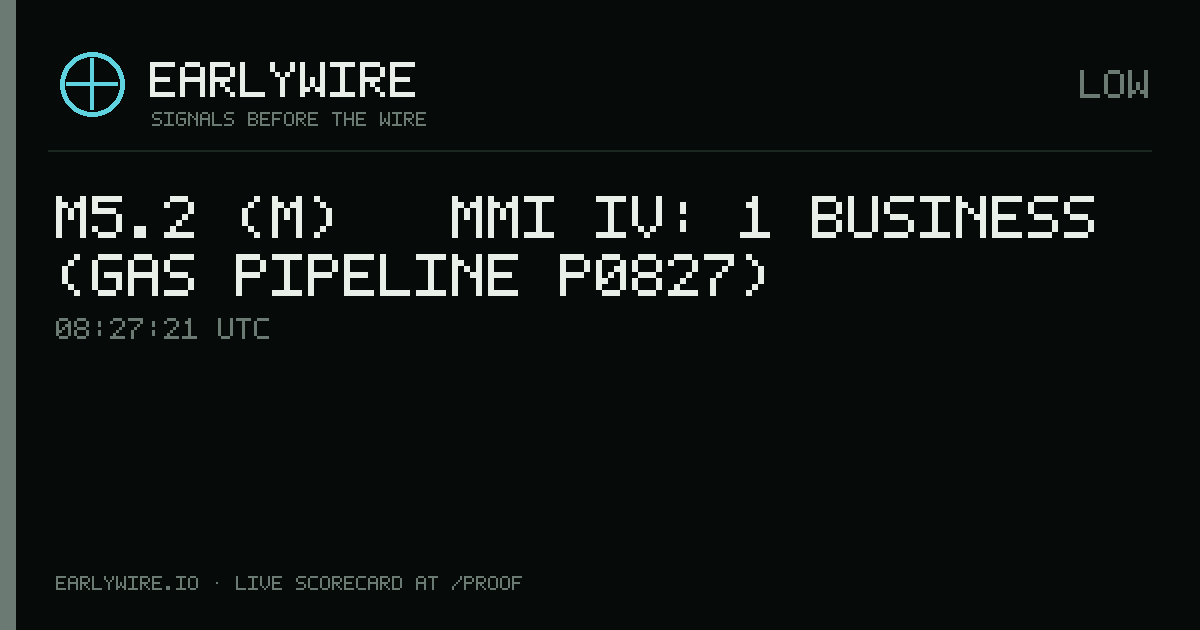 M5.2 (m) → MMI IV: 1 business (gas pipeline P0827) — EARLYWIRE event card