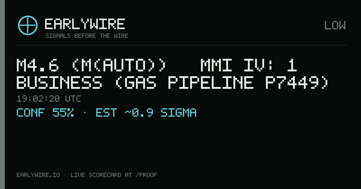 M4.6 (M(auto)) → MMI IV: 1 business (gas pipeline P7449) — EARLYWIRE event card