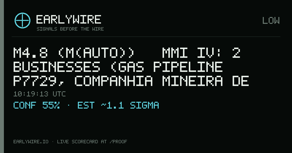 M4.8 (M(auto)) → MMI IV: 2 businesses (gas pipeline P7729, Companhia Mineira de Metais S.A (Grupo Votarantin: 100%)) — EARLYWIRE event card
