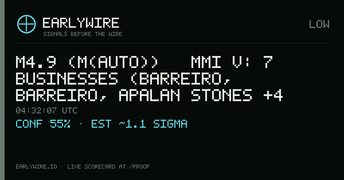 M4.9 (M(auto)) → MMI V: 7 businesses (Barreiro, Barreiro, Apalan Stones +4 more) — EARLYWIRE event card