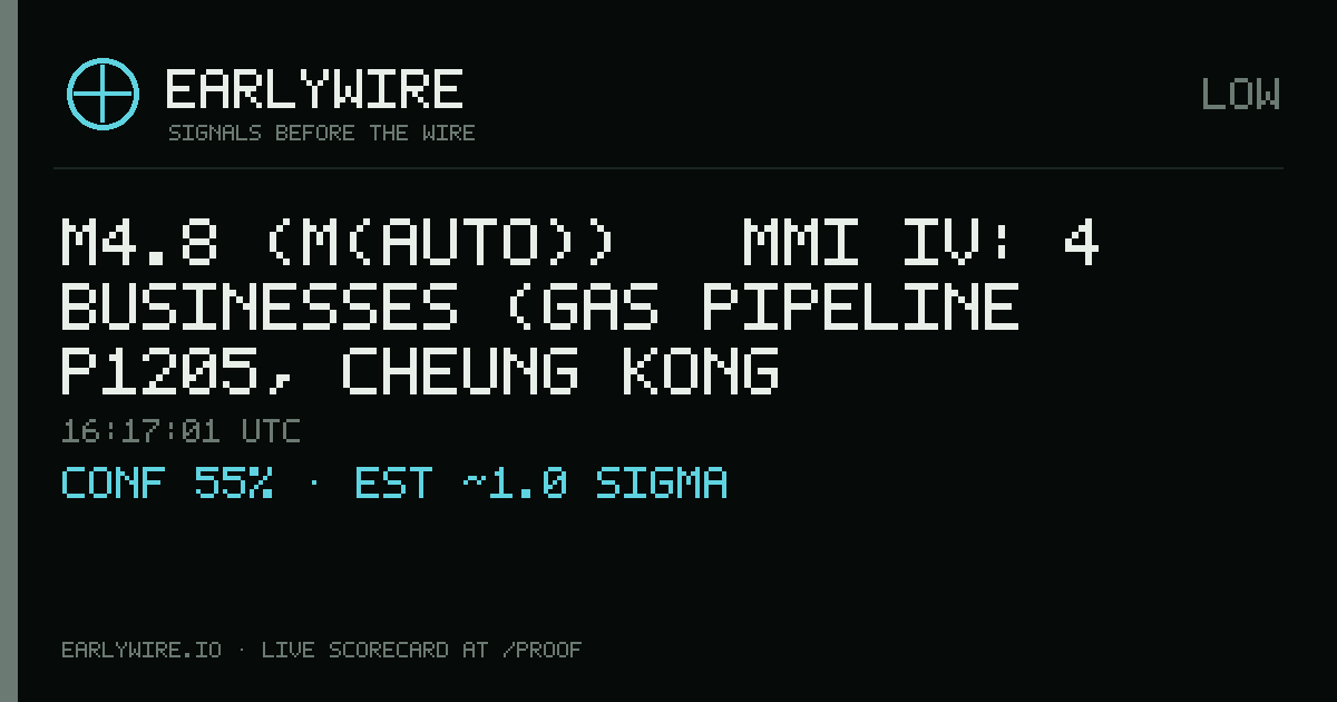 M4.8 (M(auto)) → MMI IV: 4 businesses (gas pipeline P1205, Cheung Kong Infrastructure Holdings Ltd., gas pipeline P1206 +1 more) — EARLYWIRE event card