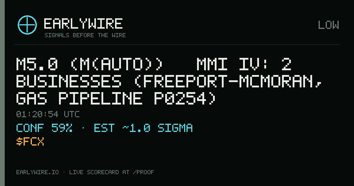 M5.0 (M(auto)) → MMI IV: 2 businesses (Freeport-McMoRan, gas pipeline P0254) — EARLYWIRE event card