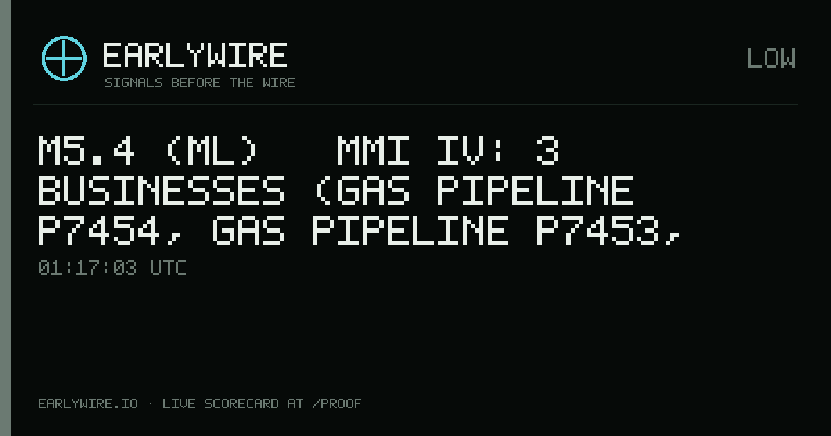 M5.4 (ml) → MMI IV: 3 businesses (gas pipeline P7454, gas pipeline P7453, gas pipeline P7456) — EARLYWIRE event card