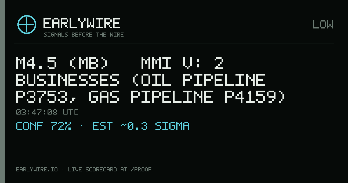 M4.5 (mb) → MMI V: 2 businesses (oil pipeline P3753, gas pipeline P4159) — EARLYWIRE event card