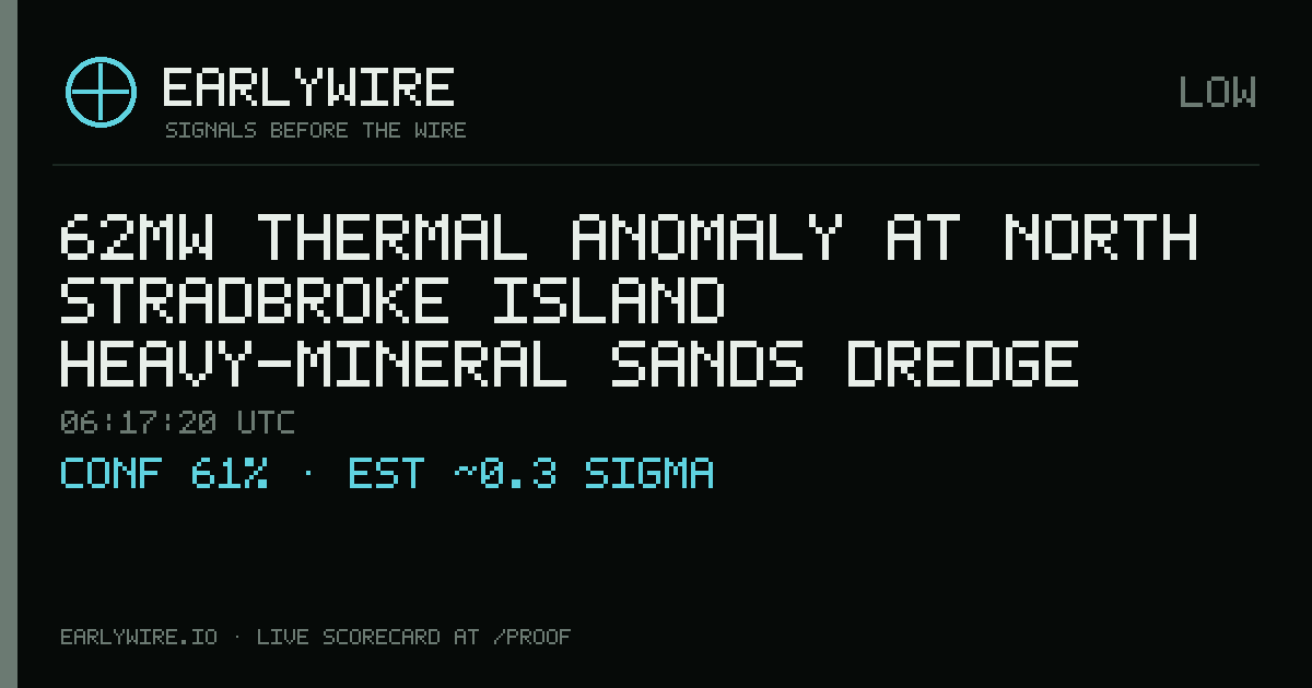 62MW thermal anomaly at North Stradbroke Island heavy-mineral sands dredge — EARLYWIRE event card