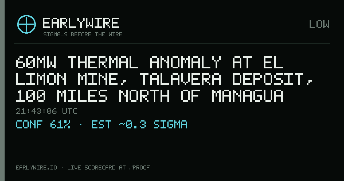 60MW thermal anomaly at El Limon Mine, Talavera deposit, 100 miles north of Managua — EARLYWIRE event card