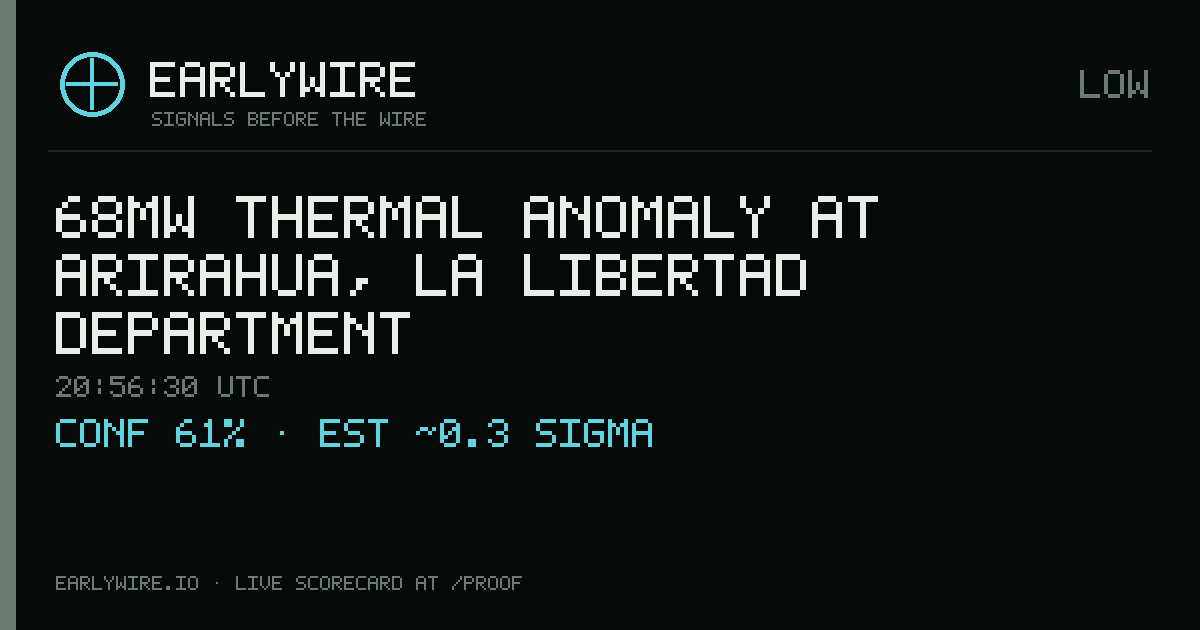 68MW thermal anomaly at Arirahua, La Libertad Department — EARLYWIRE event card