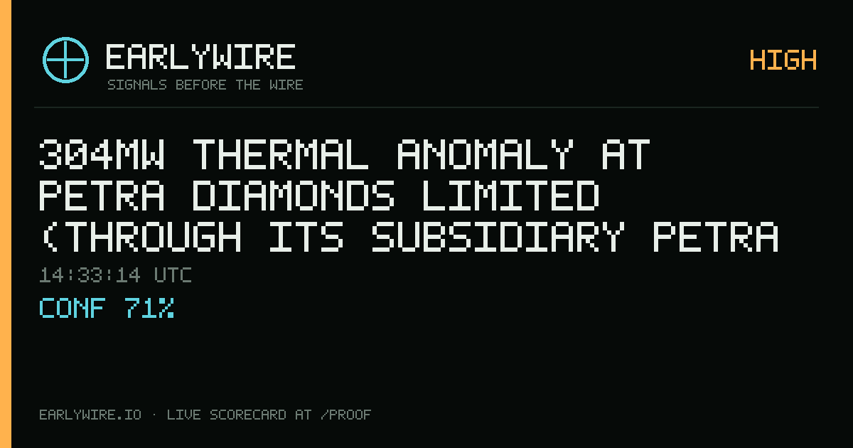 304MW thermal anomaly at Petra Diamonds Limited (through its subsidiary Petra Diamonds Alto Cuilo Ltd.), 36% — EARLYWIRE event card